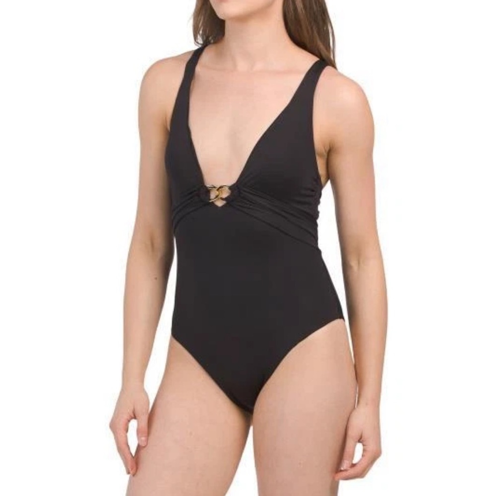 Trina Turk Monaco Black Plunge One Piece Maillot Swimsuit w Gold Chain sz 10 NWT